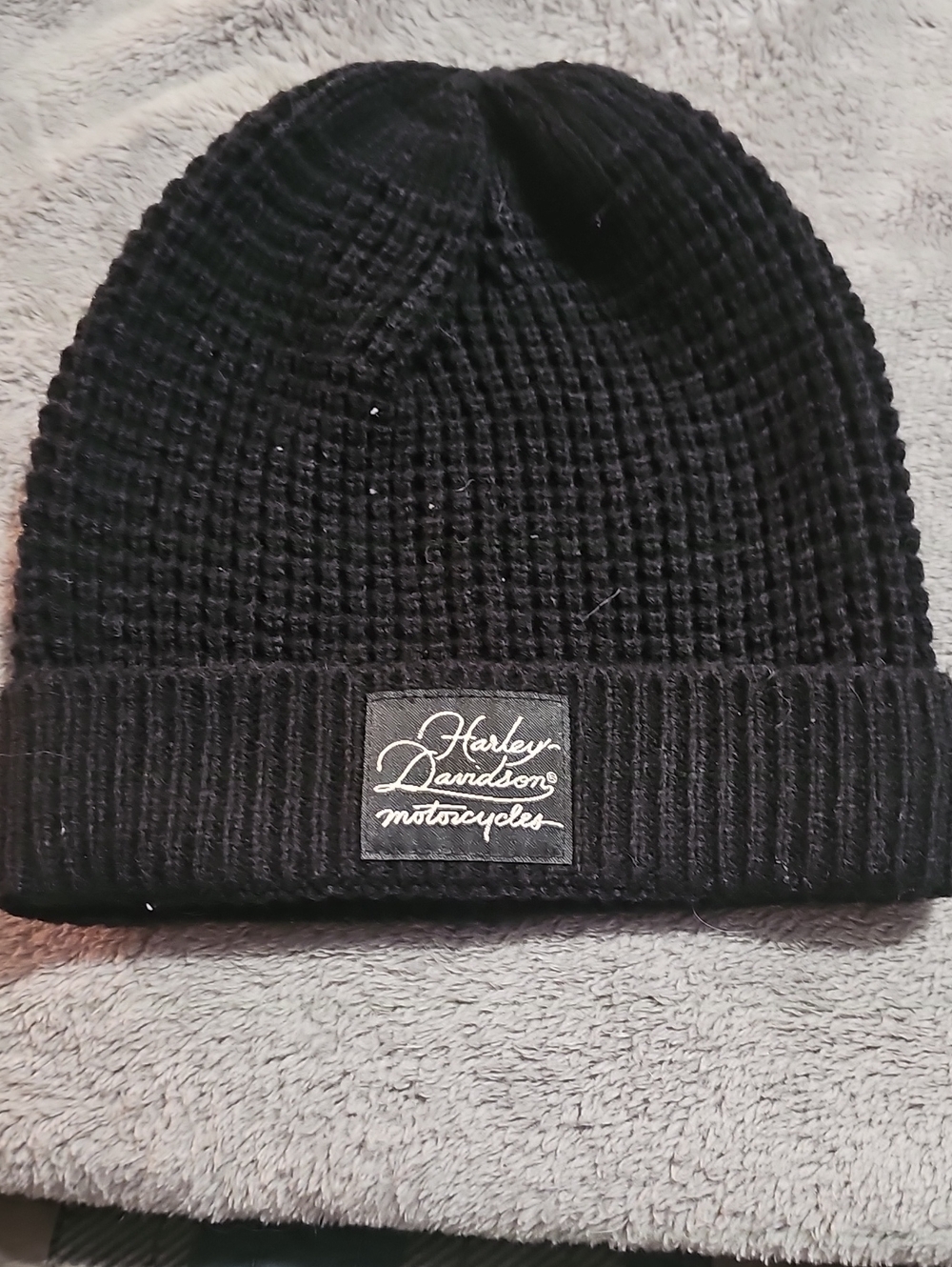 Womens Harley-Davidson Black Waffle Knit Cuffed Beanie Hat Black